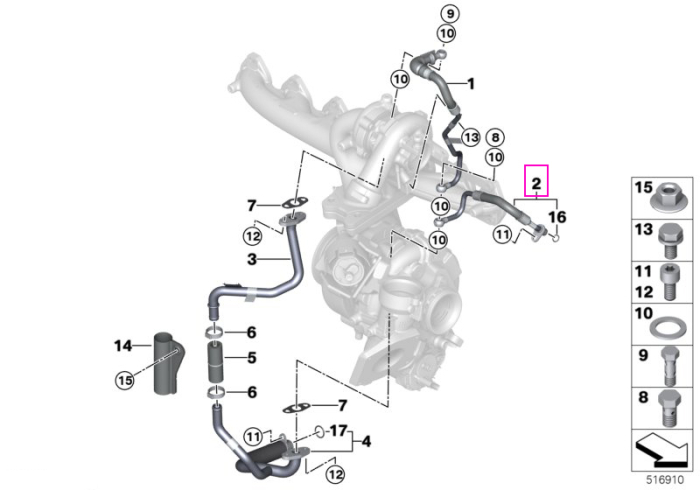 Ansamblu conducta alimentare ulei turbocompresor - BMW Seria 3 G20 G21, Seria 4 G22 G23 G26, Seria 5 G30 G31 G60 G61, Seria 6 G32, Seria 7 G11 G12 G70, X3 G01, X4 G02, X5 G05, X6 G06	