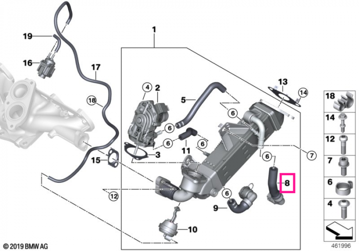 Tubulatura flexibila, de la racitor EGR la termostat - BMW Seria 3 G20 G21, Seria 5 G30 G31, Seria 6 G32, Seria 7 G11 G12, Seria 8 G14 G15 G16, X3 G01, X4 G02, X5 G05, X6 G06, X7 G07