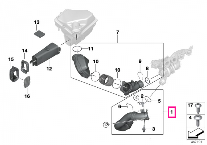 Conducta aer intercooler - BMW Seria 1F20 F21, Seria 2 F22 F23 G42, Seria 3 F30 F31 F34 F35 G20 G21 G28, Seria 4 F32 F33 F36 G22 G23 G26, Seria 5 G30 G31 G38, Seria 6 G32, Seria 7 G11 G12, X3 G01 G08, X4 G02, X5 G05 G18, X6 G06, Z4 G29