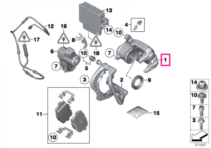 Mecanism etrier sistem franare punte spate, stanga - BMW Seria 5 F10 F11, Seria 6 F06 F12 F13