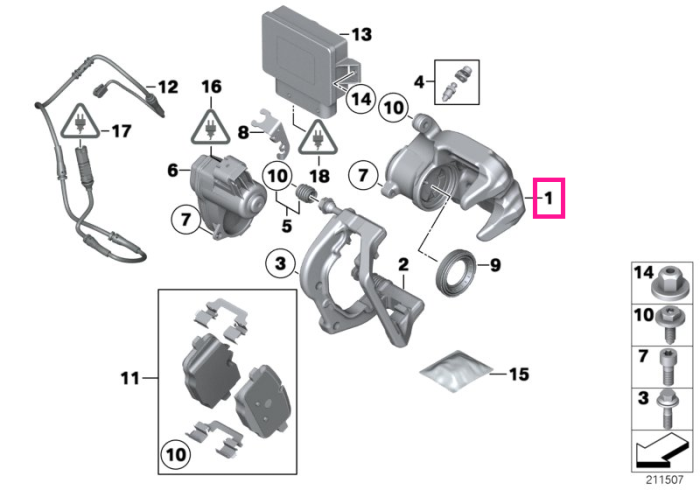  Mecanism etrier sistem franare punte spate, dreapta - BMW Seria 5 F10 F11, Seria 6 F06 F12 F13	