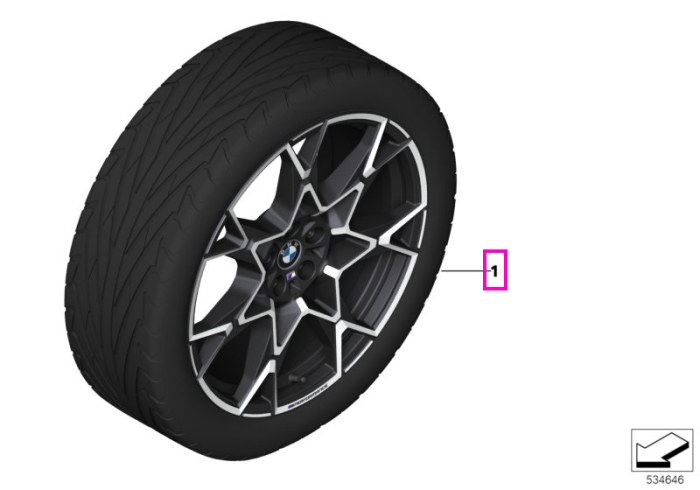  Set roti complete de vara - BMW M Performance Cross Spoke 943M cu anvelopa Pirelli P-Zero 245/35R21 96Y si 275/30R21 98Y, TPMS / RDCi, Bicolor Negru/Argintiu (Jet Black/Diamond Polished) - BMW Seria 5 G60 G61	