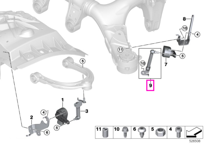 Brat suport prindere senzor nivel faruri, spate, stanga - BMW Seria 5 G68, X5 G05 G18 F95 M, X6 G06 F96 M, X7 G07, XM G09