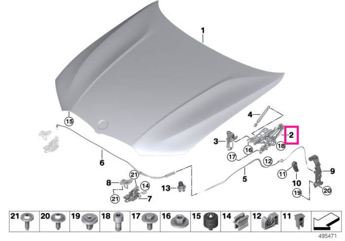 Balama capota motor, stanga - BMW Seria 2 G42 G87 M2, Seria 3 G20 G21 G28 G80 G81 M3, Seria 4 G22 G23 G26 G82 G83 M4, i3 G28, i4 G26