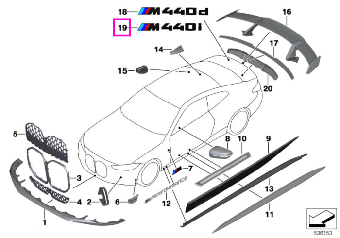 Emblema portbagaj M Performance, neagra, "M440i" - BMW Seria 4 G22 G23 G26