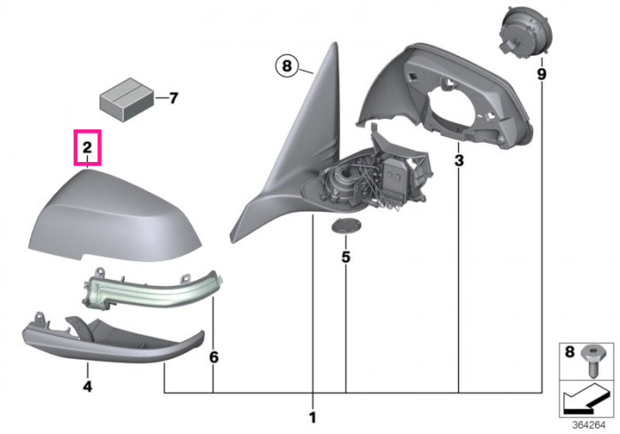 Capac ornamental superior, oglinda laterala stanga, primerizat - BMW Seria 1 F20 F21, Seria 2 F22 F23 F87 M2, Seria 3 F30 F31 F34 F35, Seria 4 F32 F33 F36, i3 I01, X1 E84