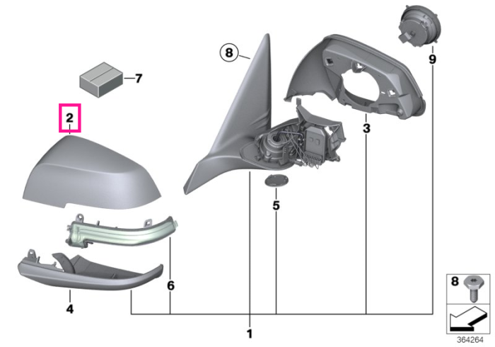  Capac ornamental superior, oglinda laterala dreapta, primerizat - BMW Seria 1 F20 F21, Seria 2 F22 F23 F87 M2, Seria 3 F30 F31 F34 F35, Seria 4 F32 F33 F36, i3 I01, X1 E84	