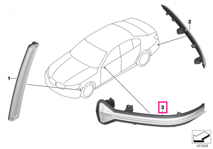 Lampa semnal aditionala, pe oglinda laterala stanga - BMW Seria 5 G30 G31 G38 F90 M5, Seria 6 G32, Seria 7 G11 G12, Seria 8 G15 G15 G16 F91 F92 F93 M8