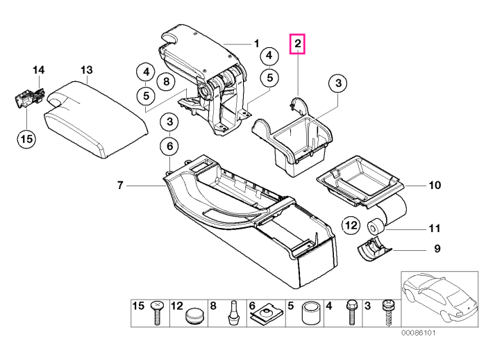 Spatiu depozitare, superior, cotiera, Negru - BMW Seria 3 E46