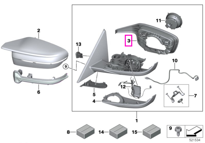 Ornament/Suport oglinda laterala stanga, negru lucios, M - BMW Seria 2 G42 G87 M2, Seria 3 G20 G21 G80 G81 M3, Seria 4 G23 G26 G82 G83 M4, i4 G26