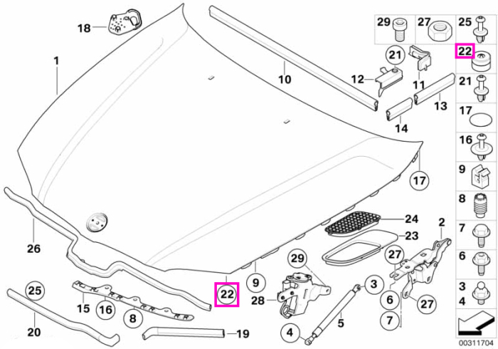 Tampon capota motor - BMW Seria 1, Seria 2, Seria 3, Seria 4, Seria 5, Seria 6, Seria 7, Seria 8, i3, i4, iX3, X1, X2, X3, X4, X5, X6, X7, XM, Z4 - Mini Cabrio F57, Clubman F54, Countryman F60, F55, F56