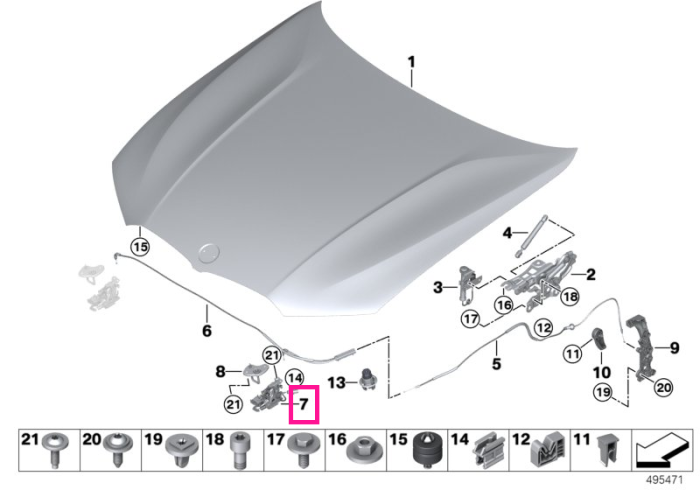 Mecanism de blocare activa a capotei, stanga, FGS - BMW Seria 1 F40, Seria 2 F44, Seria 3 G20 G21 G80 G81 M3, Seria 4 G22 G23 G82 G83 M4