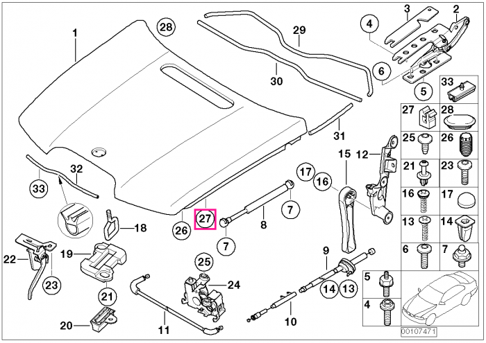 Tampon capota motor - BMW E81 E82 E87 E88, Seria 3 E46 E90 E91 E92 E93, Seria 5 E60 E61, Seria 6 E63 E64, Seria 7 E65 E66, X3 E83