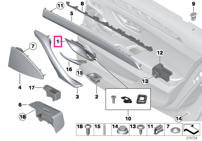  Ornament clapeta interioara deschidere usa, stanga, Gri (EverestGrau) - BMW Seria 5 F10 F11 F18	