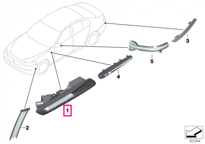  Lampa aditionala semnalizare, pe aripa stanga - BMW Seria 5 F10 F11 F18 - cu Park Assist	